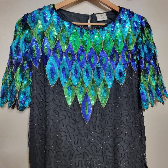 VTG Praise Hymn Fashions Pure Silk Sequin Beaded Green Blue Formal Blouse Top✨️M - Picture 13 of 16
